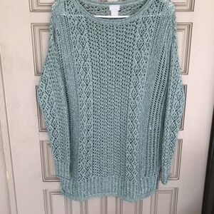 Chicos Sweater Sz0 Open Knit Sage Green Tunic Style Pre-Owned